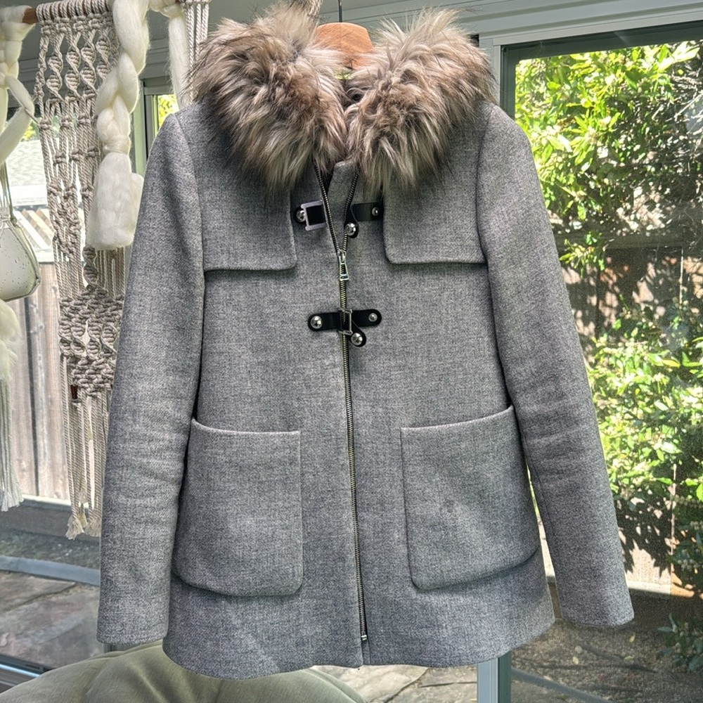 Zara Grey Coat with Removable Faux Fur Lined Hood size S